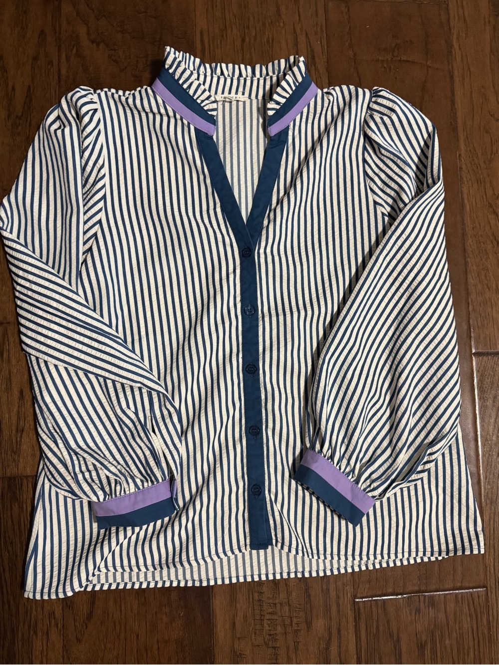 Women’s Navy Stripe Button-Front Top with Lavender Trim